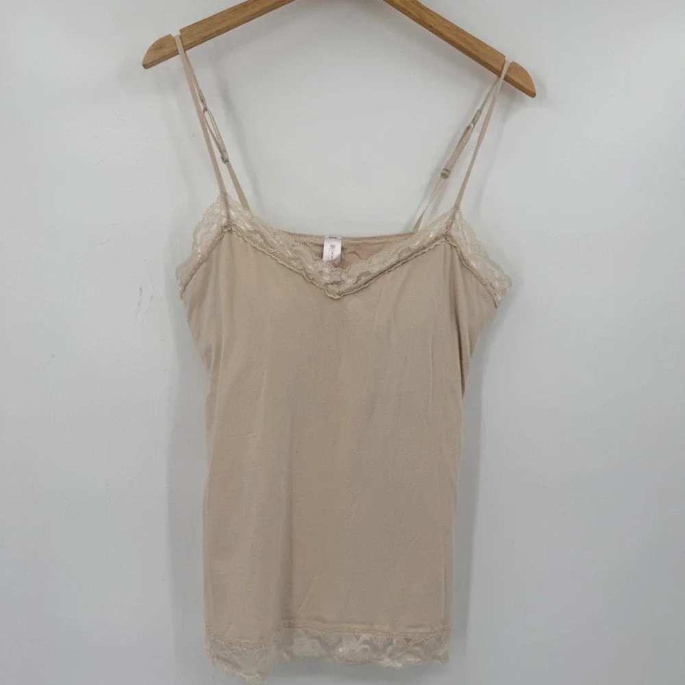 Womens Y2K Cami Tank Top 2XL Beige Lace Trim‎ Built In Bra Stretch Coquette